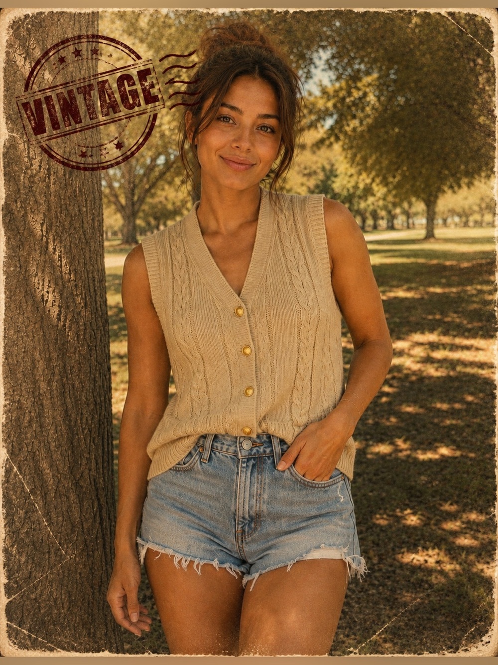 Classic Elements Vintage Cable Knot Sweater Vest XL Beige Gold Button Gpa EUC